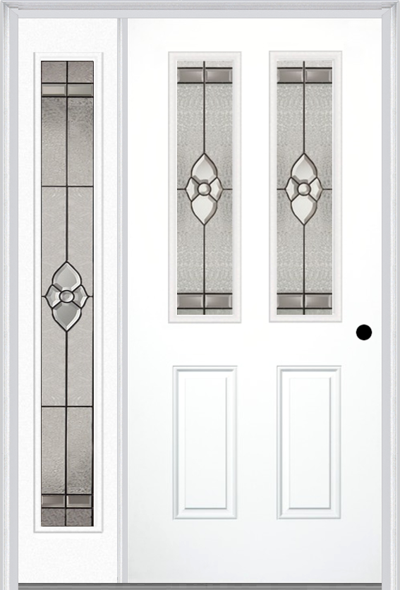 MMI 2-1/2 Lite 2 Panel 3'0" X 6'8" Fiberglass Smooth Nouveau Nickel Or Nouveau Patina Exterior Prehung Door With 1 Full Lite Nouveau Brass/Nickel/Patina Decorative Glass Sidelight 692