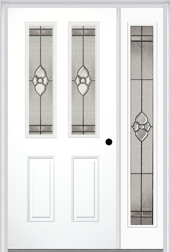 MMI 2-1/2 Lite 2 Panel 3'0" X 6'8" Fiberglass Smooth Nouveau Nickel Or Nouveau Patina Exterior Prehung Door With 1 Full Lite Nouveau Brass/Nickel/Patina Decorative Glass Sidelight 692