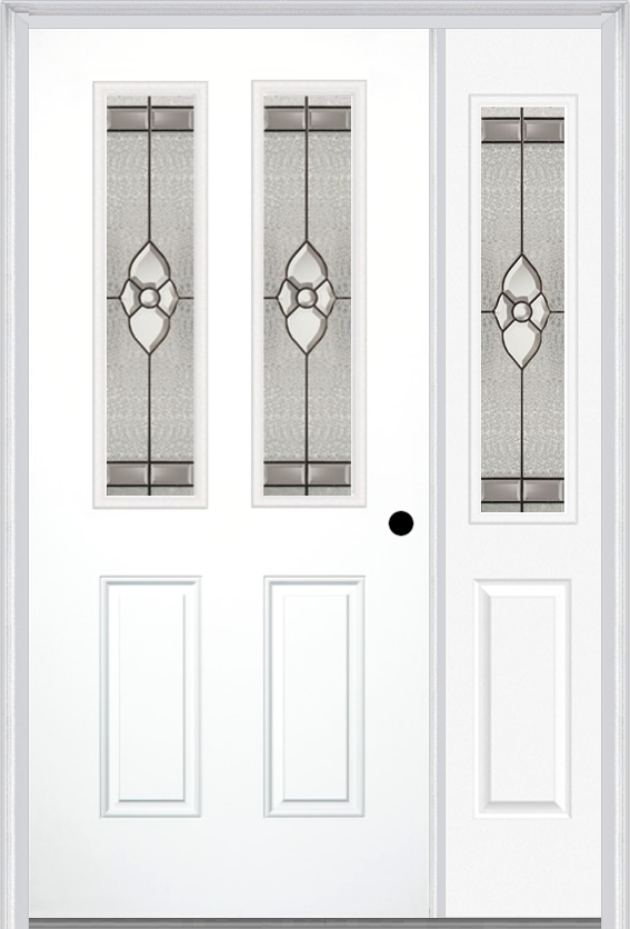 MMI 2-1/2 Lite 2 Panel 3'0" X 6'8" Fiberglass Smooth Nouveau Nickel Or Nouveau Patina Exterior Prehung Door With 1 Half Lite Nouveau Brass/Nickel/Patina Decorative Glass Sidelight 692