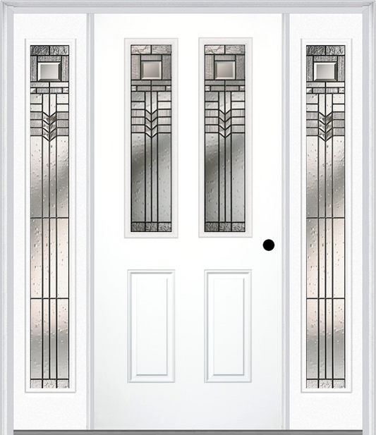 MMI 2-1/2 Lite 2 Panel 6'8" Fiberglass Smooth Oak Park Patina Exterior Prehung Door With 2 Full Lite Oak Park Patina Decorative Glass Sidelights 692