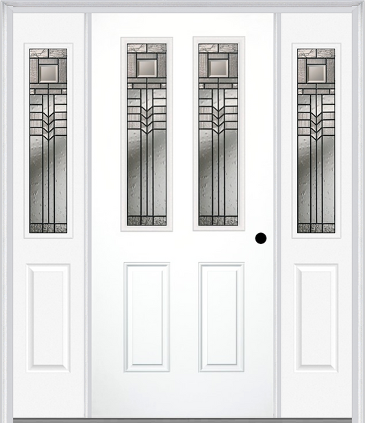 MMI 2-1/2 Lite 2 Panel 6'8" Fiberglass Smooth Oak Park Patina Exterior Prehung Door With 2 Half Lite Oak Park Patina Decorative Glass Sidelights 692