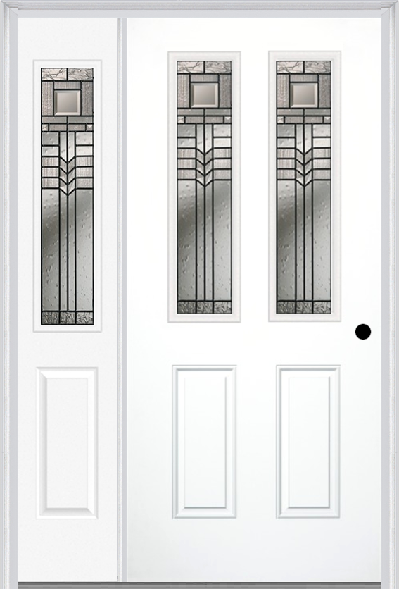 MMI 2-1/2 Lite 2 Panel 6'8" Fiberglass Smooth Oak Park Patina Exterior Prehung Door With 1 Half Lite Oak Park Patina Decorative Glass Sidelight 692