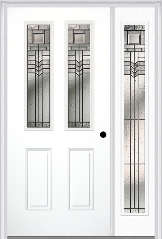 MMI 2-1/2 Lite 2 Panel 6'8" Fiberglass Smooth Oak Park Patina Exterior Prehung Door With 1 Full Lite Oak Park Patina Decorative Glass Sidelight 692
