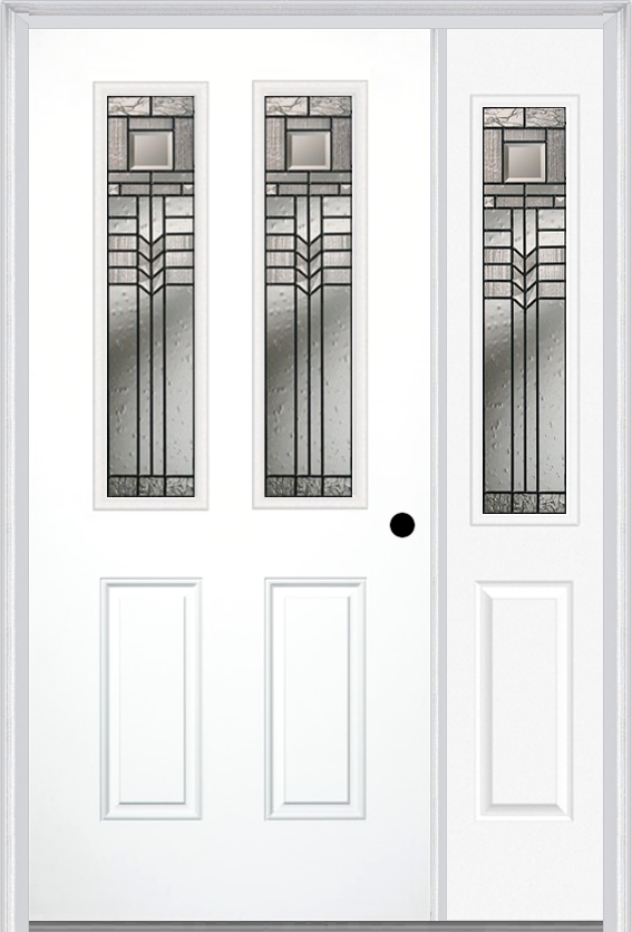 MMI 2-1/2 Lite 2 Panel 6'8" Fiberglass Smooth Oak Park Patina Exterior Prehung Door With 1 Half Lite Oak Park Patina Decorative Glass Sidelight 692