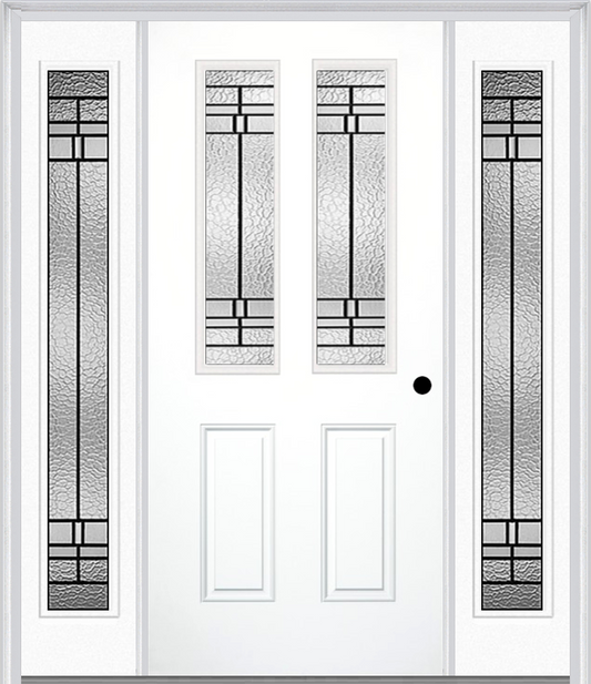 MMI 2-1/2 Lite 2 Panel 6'8" Fiberglass Smooth Pembrook Patina Exterior Prehung Door With 2 Full Lite Pembrook Patina Decorative Glass Sidelights 692