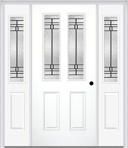 MMI 2-1/2 Lite 2 Panel 6'8" Fiberglass Smooth Pembrook Patina Exterior Prehung Door With 2 Half Lite Pembrook Patina Decorative Glass Sidelights 692