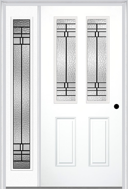 MMI 2-1/2 Lite 2 Panel 6'8" Fiberglass Smooth Pembrook Patina Exterior Prehung Door With 1 Full Lite Pembrook Patina Decorative Glass Sidelight 692
