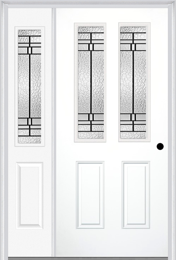 MMI 2-1/2 Lite 2 Panel 6'8" Fiberglass Smooth Pembrook Patina Exterior Prehung Door With 1 Half Lite Pembrook Patina Decorative Glass Sidelight 692