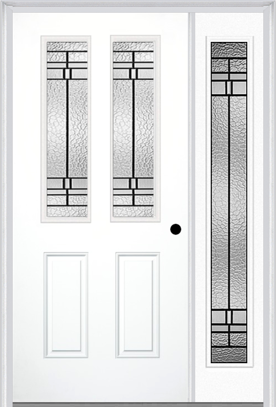 MMI 2-1/2 Lite 2 Panel 6'8" Fiberglass Smooth Pembrook Patina Exterior Prehung Door With 1 Full Lite Pembrook Patina Decorative Glass Sidelight 692