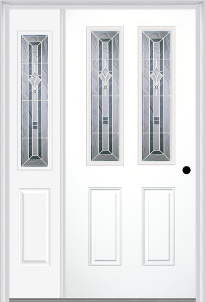MMI 2-1/2 Lite 2 Panel 6'8" Fiberglass Smooth Radiant Hues Nickel Exterior Prehung Door With 1 Half Lite Radiant Hues Nickel Decorative Glass Sidelight 692