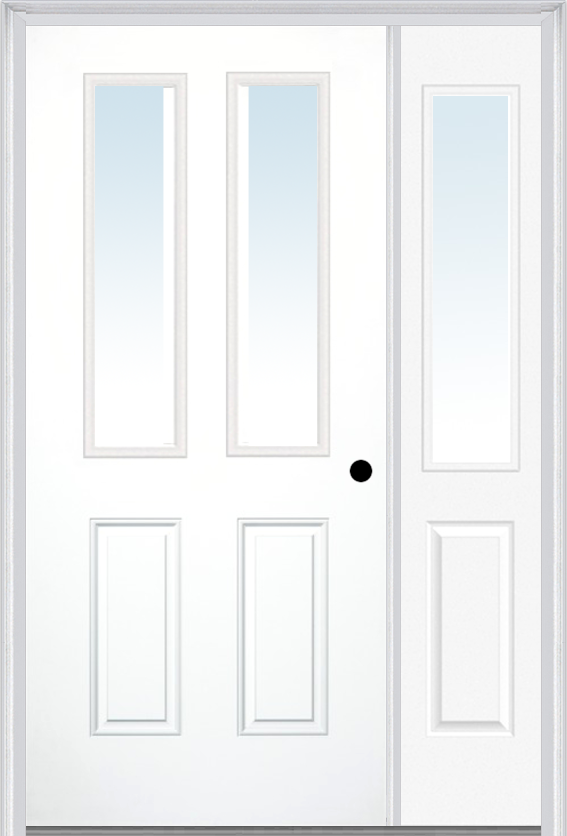 MMI 2-1/2 Lite 2 Panel 3'0" X 6'8" Fiberglass Smooth Exterior Prehung Door With 1 Half Lite Clear Glass Sidelight 62