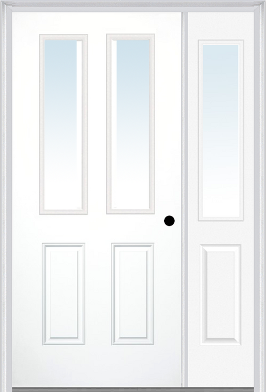 MMI 2-1/2 Lite 2 Panel 3'0" X 6'8" Fiberglass Smooth Exterior Prehung Door With 1 Half Lite Clear Glass Sidelight 62