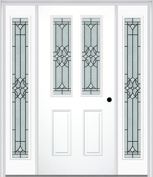 MMI 2-1/2 Lite 2 Panel 6'8" Fiberglass Smooth Selwyn Patina Exterior Prehung Door With 2 Full Lite Selwyn Patina Decorative Glass Sidelights 692
