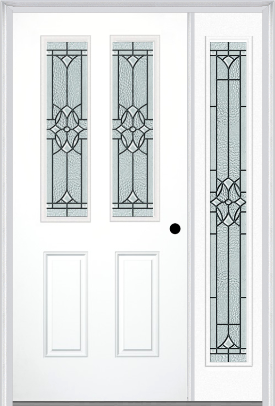 MMI 2-1/2 Lite 2 Panel 6'8" Fiberglass Smooth Selwyn Patina Exterior Prehung Door With 1 Full Lite Selwyn Patina Decorative Glass Sidelight 692