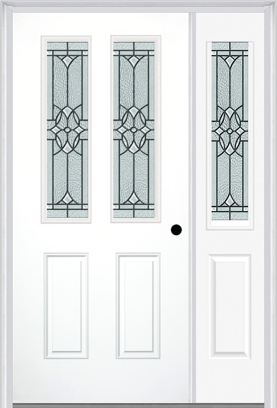 MMI 2-1/2 Lite 2 Panel 6'8" Fiberglass Smooth Selwyn Patina Exterior Prehung Door With 1 Half Lite Selwyn Patina Decorative Glass Sidelight 692