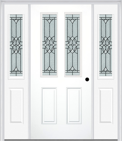 MMI 2-1/2 Lite 2 Panel 6'8" Fiberglass Smooth Selwyn Patina Exterior Prehung Door With 2 Half Lite Selwyn Patina Decorative Glass Sidelights 692