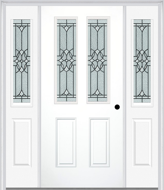 MMI 2-1/2 Lite 2 Panel 6'8" Fiberglass Smooth Selwyn Patina Exterior Prehung Door With 2 Half Lite Selwyn Patina Decorative Glass Sidelights 692