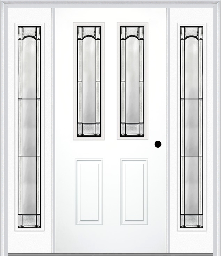 MMI 2-1/2 Lite 2 Panel 6'8" Fiberglass Smooth Soleil Patina Exterior Prehung Door With 2 Full Lite Soleil Patina Decorative Glass Sidelights 692