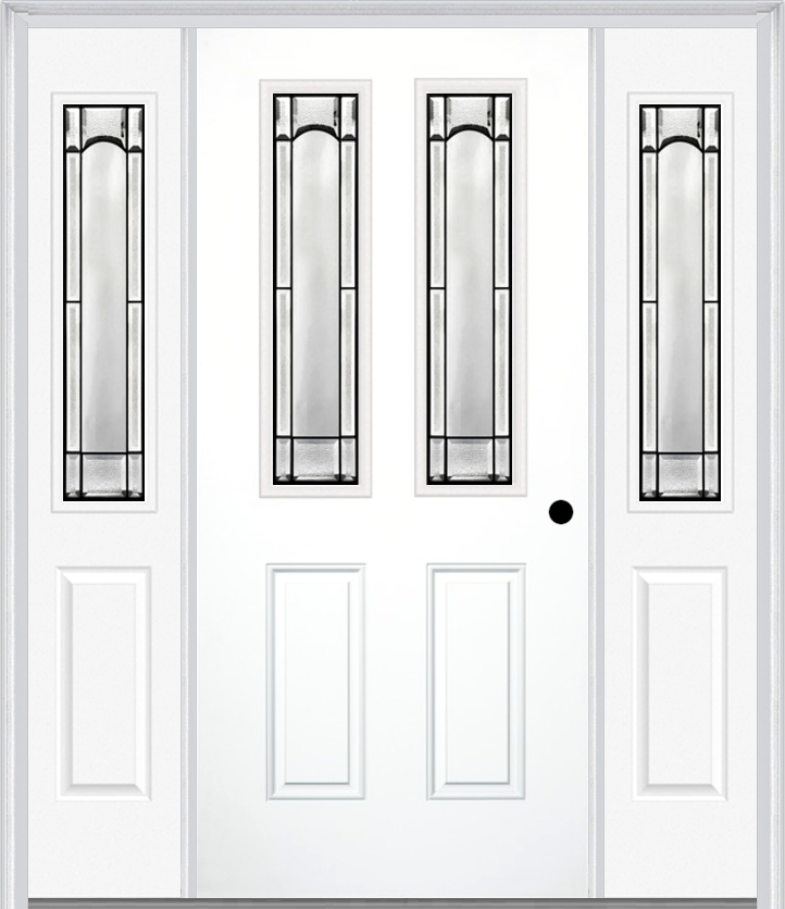 MMI 2-1/2 Lite 2 Panel 6'8" Fiberglass Smooth Soleil Patina Exterior Prehung Door With 2 Half Lite Soleil Patina Decorative Glass Sidelights 692