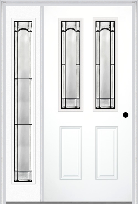 MMI 2-1/2 Lite 2 Panel 6'8" Fiberglass Smooth Soleil Patina Exterior Prehung Door With 1 Full Lite Soleil Patina Decorative Glass Sidelight 692