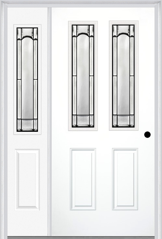 MMI 2-1/2 Lite 2 Panel 6'8" Fiberglass Smooth Soleil Patina Exterior Prehung Door With 1 Half Lite Soleil Patina Decorative Glass Sidelight 692