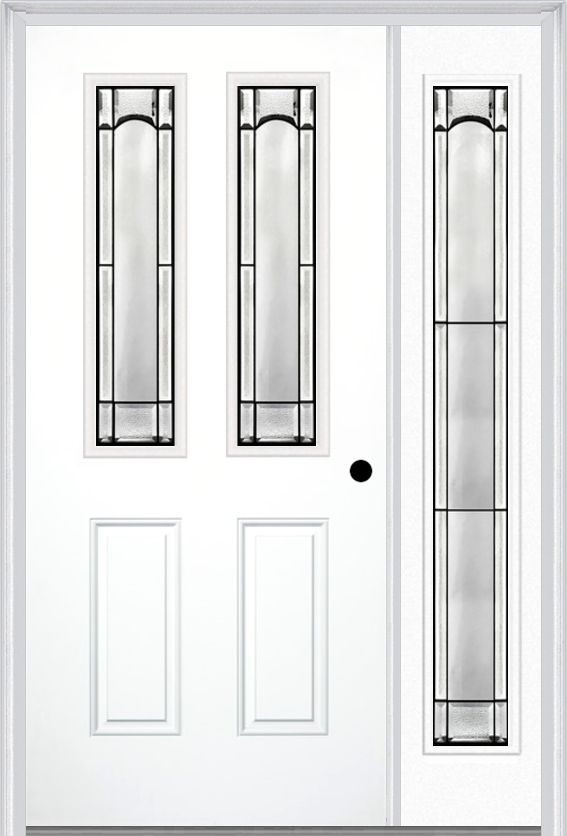 MMI 2-1/2 Lite 2 Panel 6'8" Fiberglass Smooth Soleil Patina Exterior Prehung Door With 1 Full Lite Soleil Patina Decorative Glass Sidelight 692