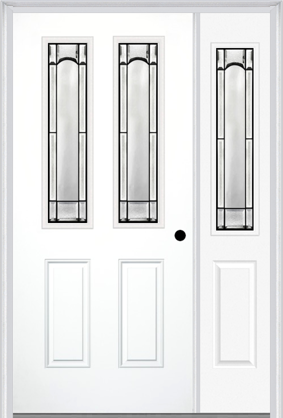 MMI 2-1/2 Lite 2 Panel 6'8" Fiberglass Smooth Soleil Patina Exterior Prehung Door With 1 Half Lite Soleil Patina Decorative Glass Sidelight 692