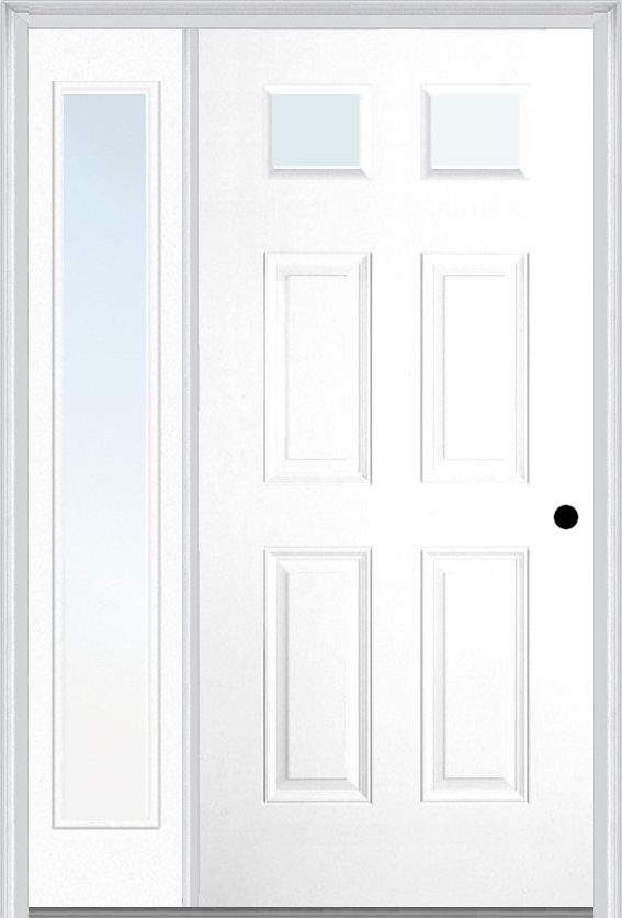 MMI 2-1/4 Lite 4 Panel 3'0" X 6'8" Fiberglass Smooth Exterior Prehung Door With 1 Full Lite Clear Glass Sidelight 23