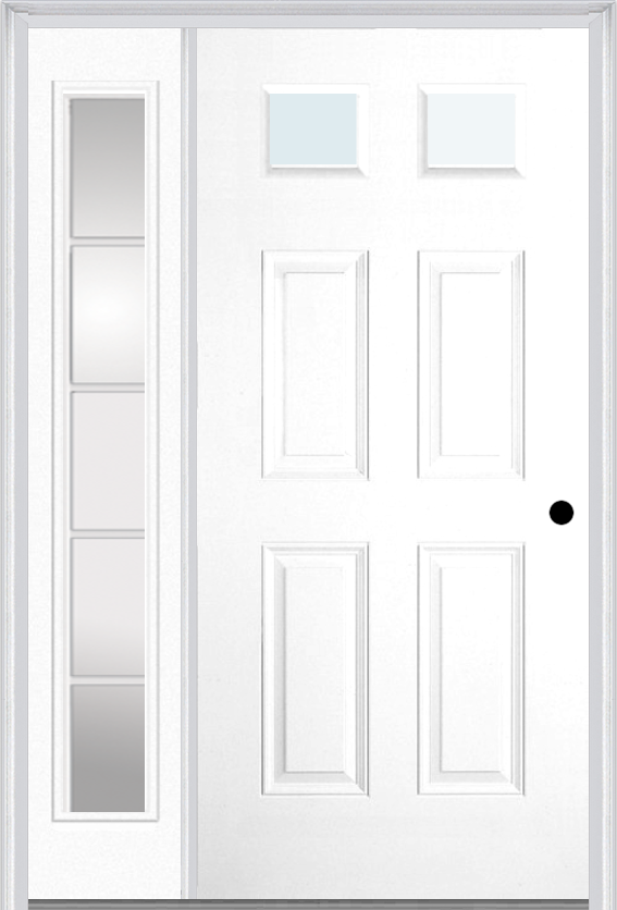 MMI 2-1/4 Lite 4 Panel 3'0" X 6'8" Fiberglass Smooth Exterior Prehung Door With 1 Full Lite SDL Grilles Glass Sidelight 23