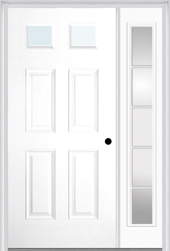 MMI 2-1/4 Lite 4 Panel 3'0" X 6'8" Fiberglass Smooth Exterior Prehung Door With 1 Full Lite SDL Grilles Glass Sidelight 23