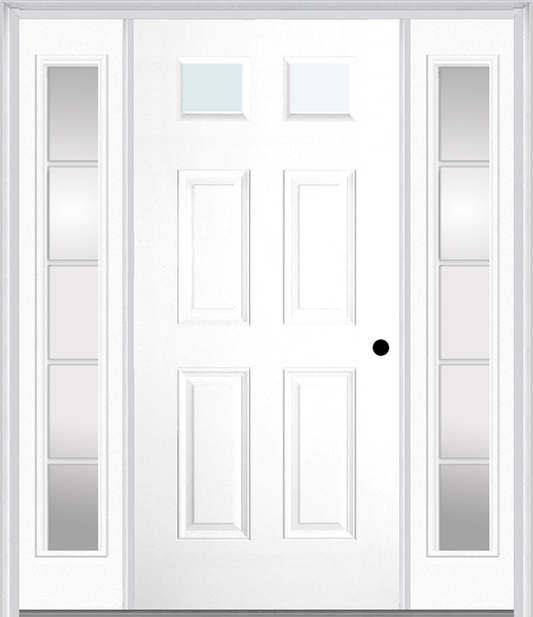 MMI 2-1/4 Lite 4 Panel 3'0" X 6'8" Fiberglass Smooth Exterior Prehung Door With 2 Full Lite SDL Grilles Glass Sidelights 23