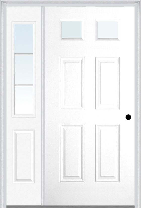 MMI 2-1/4 Lite 4 Panel 3'0" X 6'8" Fiberglass Smooth Exterior Prehung Door With 1 Half Lite SDL Grilles Glass Sidelight 23
