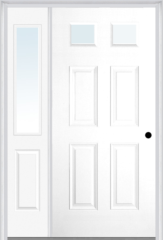 MMI 2-1/4 Lite 4 Panel 3'0" X 6'8" Fiberglass Smooth Exterior Prehung Door With 1 Half Lite Clear Glass Sidelight 23