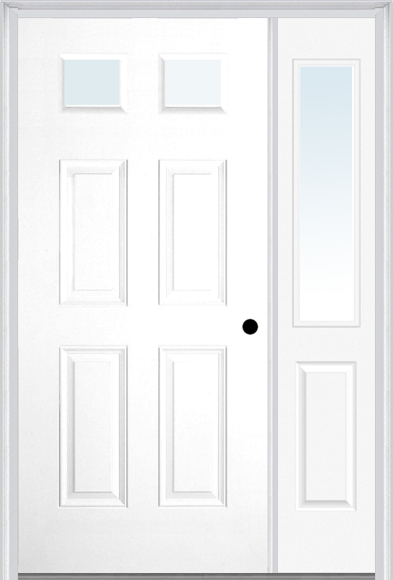 MMI 2-1/4 Lite 4 Panel 3'0" X 6'8" Fiberglass Smooth Exterior Prehung Door With 1 Half Lite Clear Glass Sidelight 23