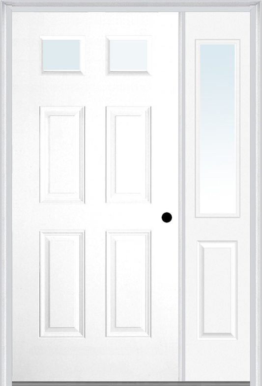 MMI 2-1/4 Lite 4 Panel 3'0" X 6'8" Fiberglass Smooth Exterior Prehung Door With 1 Half Lite Clear Glass Sidelight 23