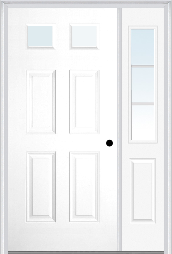 MMI 2-1/4 Lite 4 Panel 3'0" X 6'8" Fiberglass Smooth Exterior Prehung Door With 1 Half Lite SDL Grilles Glass Sidelight 23