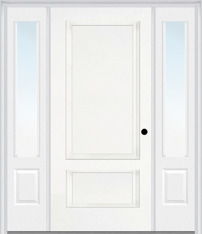 MMI 2 Panel 3'0" X 6'8" Fiberglass Smooth Exterior Prehung Door With 2 Clear Glass 3/4 Lite Sidelights 110
