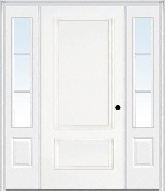 MMI 2 Panel 3'0" X 6'8" Fiberglass Smooth Exterior Prehung Door With 2 Low-E Glass 3/4 Lite SDL Grilles Sidelights 110