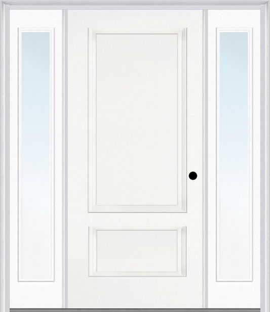 MMI 2 Panel 3'0" X 6'8" Fiberglass Smooth Exterior Prehung Door With 2 Full Lite Clear Or Privacy/Textured Glass Sidelights 110