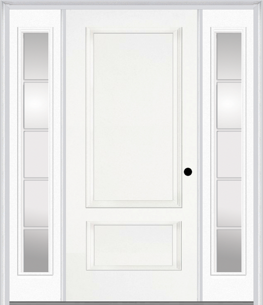 MMI 2 Panel 3'0" X 6'8" Fiberglass Smooth Exterior Prehung Door With 2 Full Lite SDL Grilles Glass Sidelights 110