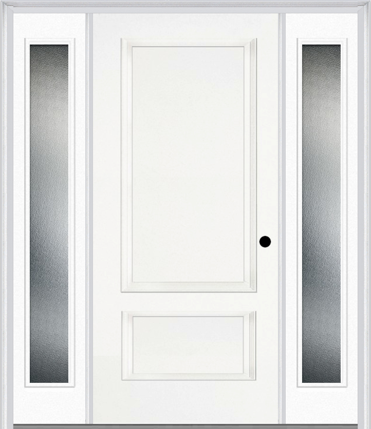 MMI 2 Panel 3'0" X 6'8" Fiberglass Smooth Exterior Prehung Door With 2 Full Lite Clear Or Privacy/Textured Glass Sidelights 110