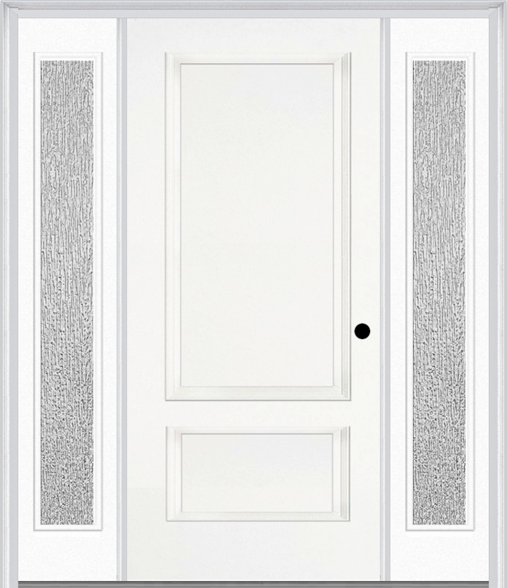 MMI 2 Panel 3'0" X 6'8" Fiberglass Smooth Exterior Prehung Door With 2 Full Lite Clear Or Privacy/Textured Glass Sidelights 110