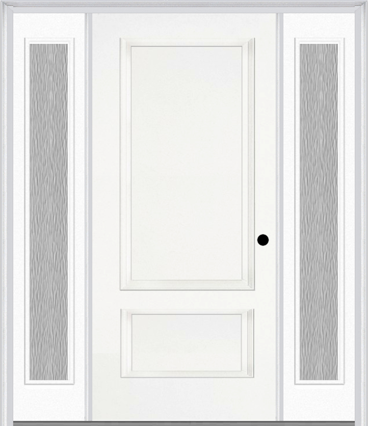 MMI 2 Panel 3'0" X 6'8" Fiberglass Smooth Exterior Prehung Door With 2 Full Lite Clear Or Privacy/Textured Glass Sidelights 110