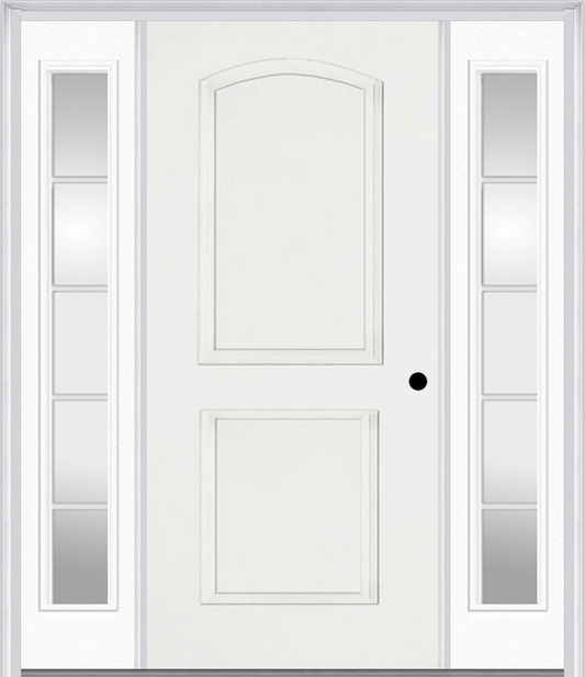 MMI 2 Panel Arch 3'0" X 6'8" Fiberglass Smooth Exterior Prehung Door With 2 Full Lite SDL Grilles Glass Sidelights 22