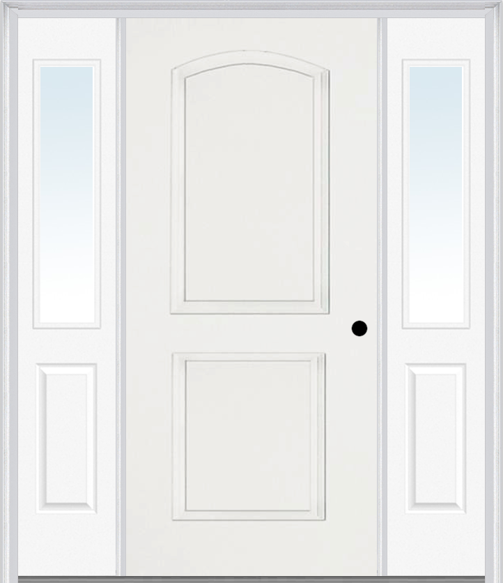 MMI 2 Panel Arch 3'0" X 6'8" Fiberglass Smooth Exterior Prehung Door With 2 Half Lite Clear Or Privacy/Textured Glass Sidelights 22