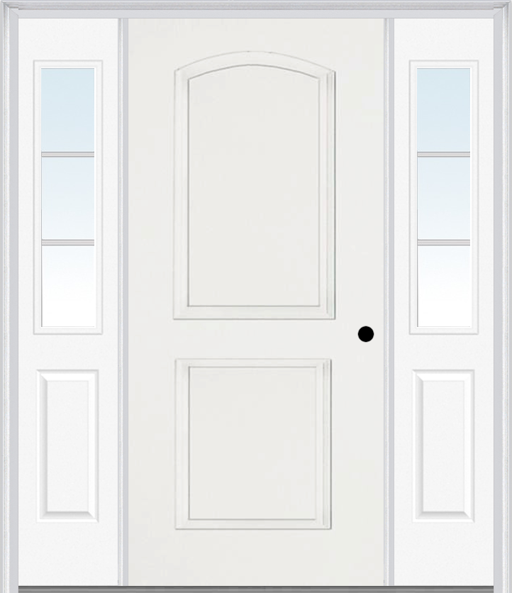 MMI 2 Panel Arch 3'0" X 6'8" Fiberglass Smooth Exterior Prehung Door With 2 Half Lite SDL Grilles Glass Sidelights 22