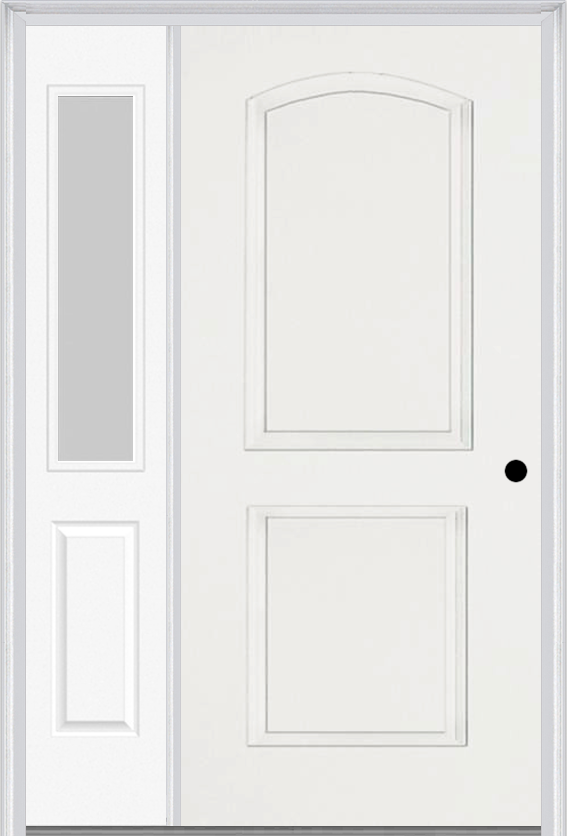 MMI 2 Panel Arch 3'0" X 6'8" Fiberglass Smooth Exterior Prehung Door With 1 Half Lite Clear Or Privacy/Textured Glass Sidelight 22