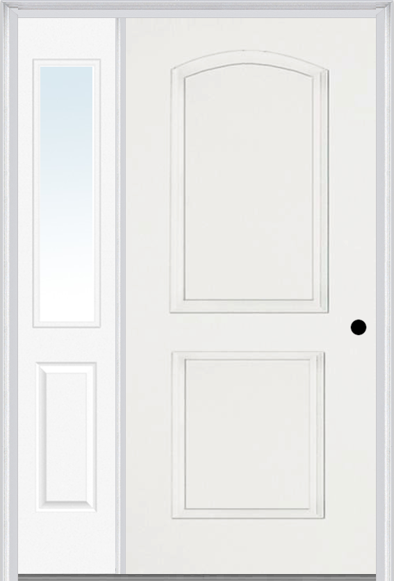 MMI 2 Panel Arch 3'0" X 6'8" Fiberglass Smooth Exterior Prehung Door With 1 Half Lite Clear Or Privacy/Textured Glass Sidelight 22