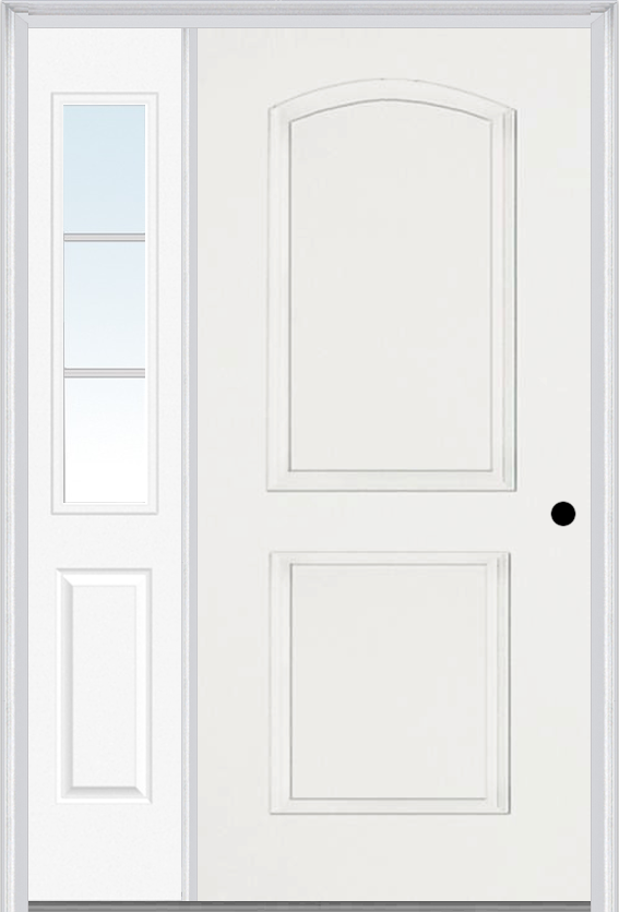 MMI 2 Panel Arch 3'0" X 6'8" Fiberglass Smooth Exterior Prehung Door With 1 Half Lite SDL Grilles Glass Sidelight 22