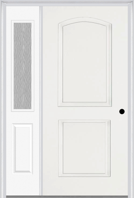 MMI 2 Panel Arch 3'0" X 6'8" Fiberglass Smooth Exterior Prehung Door With 1 Half Lite Clear Or Privacy/Textured Glass Sidelight 22